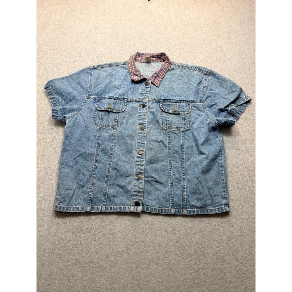 Vintage Simply Blues Womens 18/38 Denim Shirt Short Sleeve Plaid Collar Blue